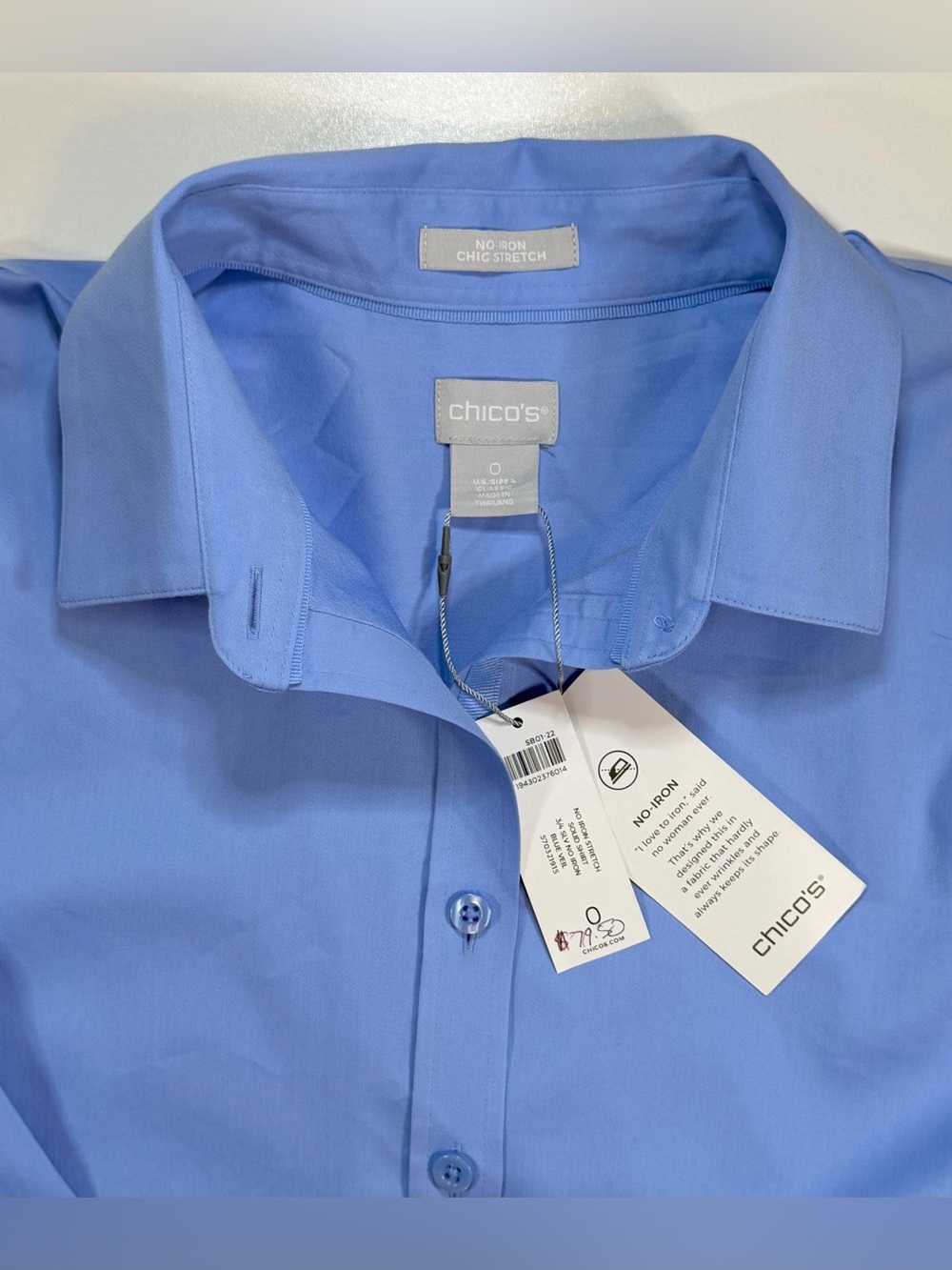 Chico's NO IRON Chic Stretch Shirt Top Blue Button Up 3/4 Sleeve Sz 0 S 4 NWT - Picture 4 of 12